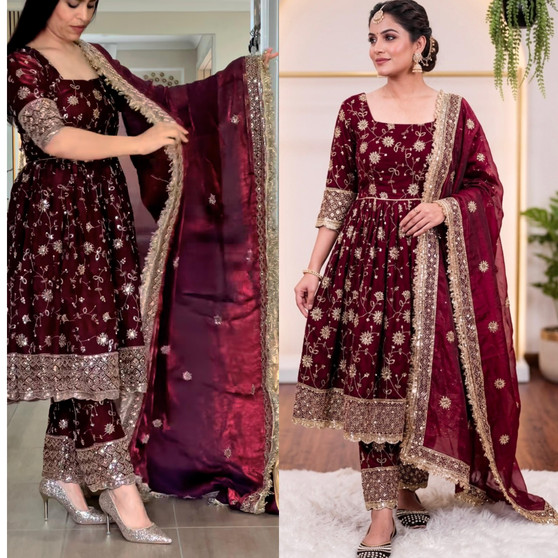 Designer Party Wear Gown Pant Dupatta Set for Women