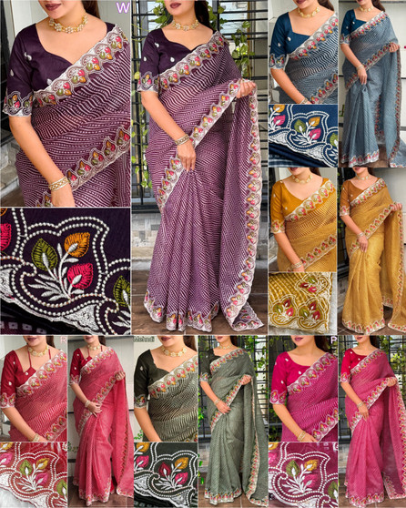 Premium Embroidered Work with Zari Border and Traditional Bandhej Print Cotton Satin Saree |