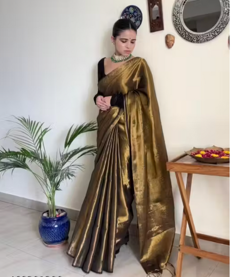 Raga Golden Tissue Mulmul Saree with Running Blouse | Soft Tissue Handcrafted Saree for Women | Solid Elegant Saree for Daily & Special Wear | 5.5 M