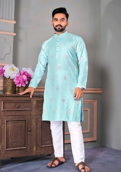 Men embroidered cotton cambric kurta with mandarin collar, pure cotton festival wear kurta for men