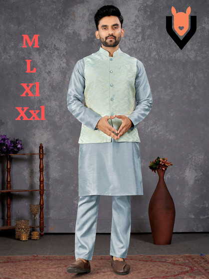 Party Wear Silk Kurta Pyjama with Jacquard Koti | Men’s Traditional Kurta Pyjama & Coti Set