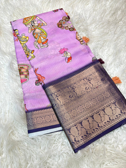 Party Wear Kalamkari Concept Saree | Pure Banarasi Warm Silk with Jacquard Border & Digital Printed Pallu