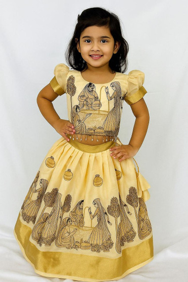 Beige Soft Silk Kids Lehenga with Zari Border | Traditional Artwork Girls Lehenga
