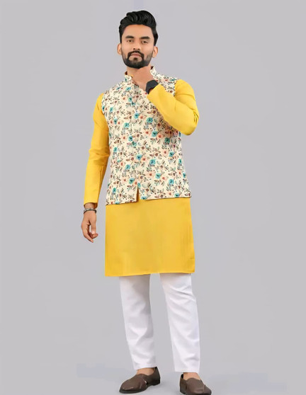Men koti kurta set with pajama and sleeveless waistcoat, striped cotton blend festive ethnic wear for men