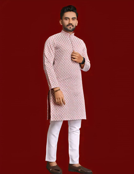 close up of white thread embroidery on men’s silk kurta showing detailed craftsmanship