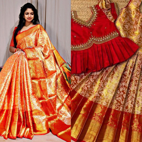 Mom daughter matching Kanjivaram silk saree and gown combo set