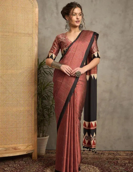 Gaji silk designer saree with printed pallu and contrast blouse piece