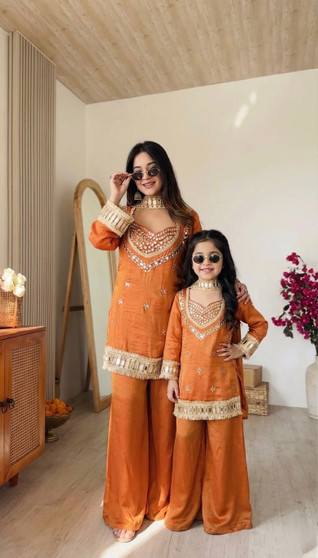 Kids Fendy silk mirror work ethnic set with dupatta