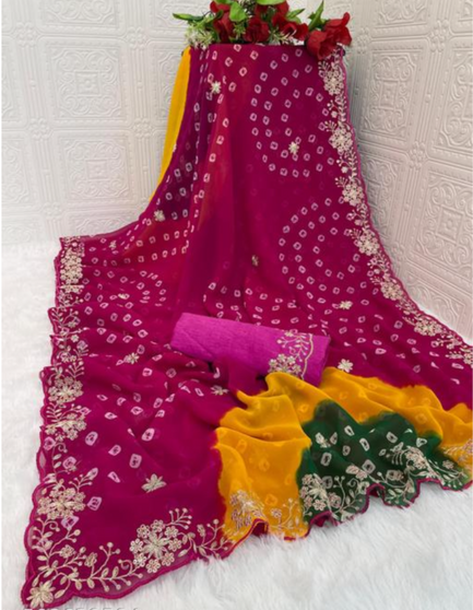 Bandhej georgette saree with pitta work and embroidery border