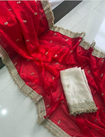 Fendy silk embroidered saree with elegant lace border in satin silk