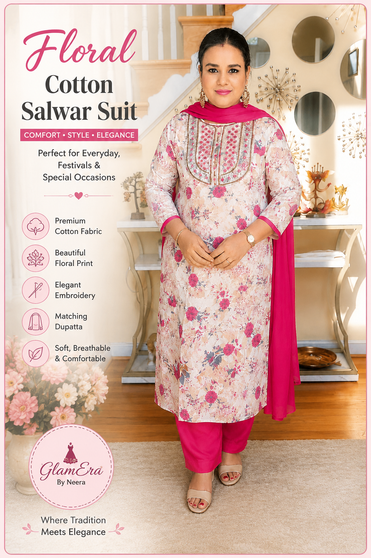 Floral Embroidered Cotton Salwar Suit Set for Women | Pink & Cream Kurta with Dupatta