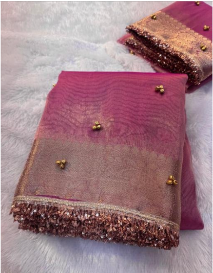 Tissue Silk Saree with Metal Ghungroo Attached and Sequence Lace