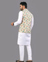 Men kurta pajama set paired with sleeveless koti, traditional Indian festive wear for weddings and functions