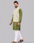 Close up of men sleeveless koti waistcoat with striped kurta, stylish ethnic men fashion