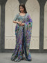 Designer printed chinnon saree with hand mirror embroidery