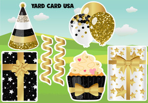 gold, glitter black, gifts, cupcake, birthday hat, balloons gold, glitter black, gifts, cupcake, birthday hat, balloons