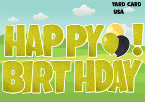 yellow glitter happy birthday fast flash yard card supply, yardcardusa, yard card usa, yardcard, yardcardsupply, yard card supply, yard card wholesale, yard card rental business, yard card retail, yard card wholesaler, birthday yard signs, birthday lawn signs, birthday signs, birthday letter signs, yard card supplier, yard card wholesaler, double signs, birthday, turquoise, gold, birthday, gifts, balloons,  yard card sign, fast flair, fast flash, ez flash, ez flair