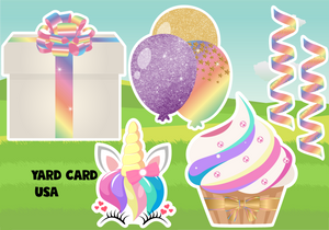 unicorn party set, presents, cupcake, rainbow, balloons, yard card, yard greeting, birthday lawn sign unicorn party set, presents, cupcake, rainbow, balloons, yard card, yard greeting, birthday lawn sign