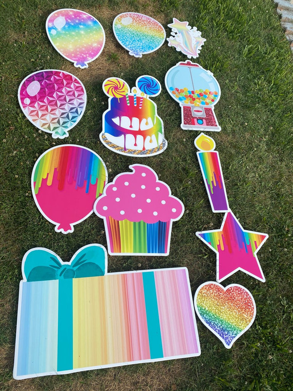 rainbow, drip, cupcake, balloons, gumball, cake, gifts