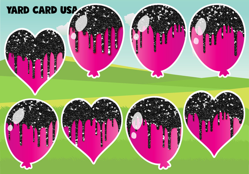 pink, hot pink, silver, black, drip, balloons, glitter, gold