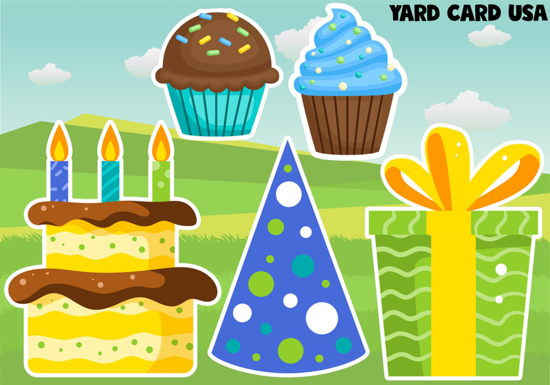oversized, yellow, green blue, cupcake, cake, birthday hat, gift