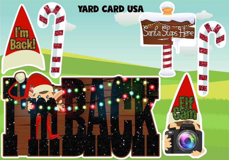 christmas, candy cane, elf, I'm Back, elf cam, santa, holiday, yardcardusa, yard card usa, yardcard, yardcardsupply, yard card supply, yard card wholesale, yard card rental business, yard card retail, yard card wholesaler, birthday yard signs, birthday lawn signs, birthday signs, birthday letter signs, yard card supplier, yard card wholesaler, double signs, birthday, turquoise, gold, birthday, gifts, balloons,  yard card sign, fast flair, fast flash, ez flash, ez flair