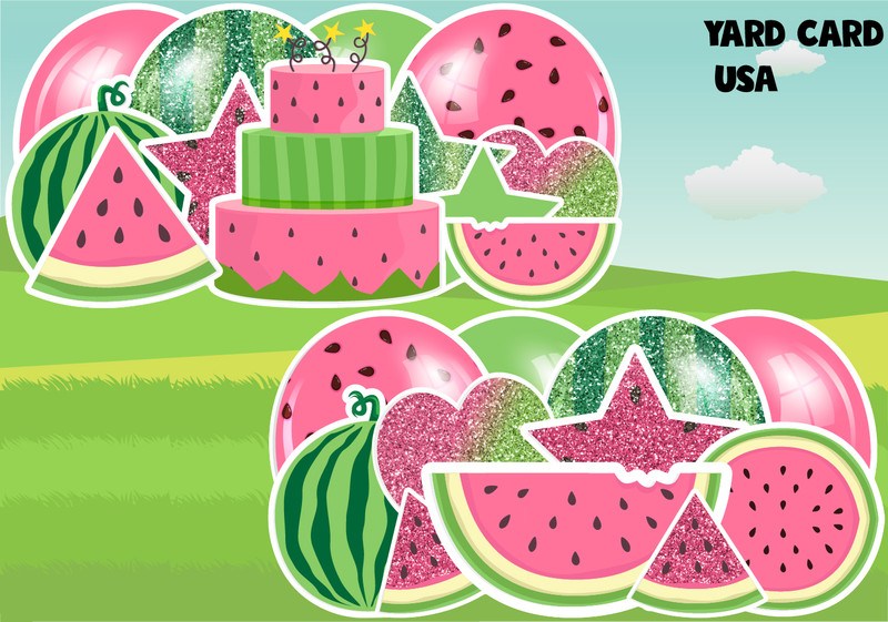 watermelon, one in a melon, baby shower, birthday lawn sign, yard signs, birthday yard signs, lawn letters, yard card rental wholesale, birthday sign rentals, yard card supply, yard card wholesale, yard card supplier, yard cards, lawn cards, lawn greetings, gifts, gold glitter, black glitter, red glitter