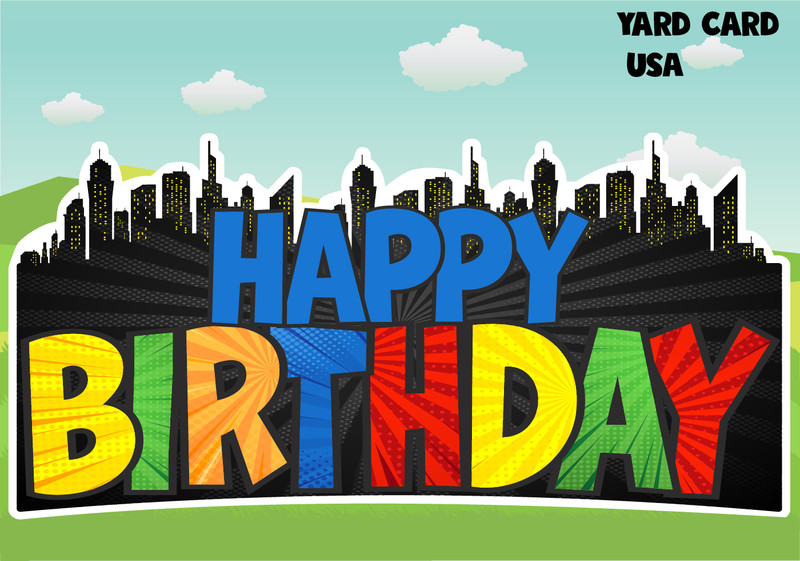 yard card rental wholesale, letters,  yard card supply, yard card wholesale, yard card, yard signs, birthday yard signs, lawn letters, lawn greetings, birthday lawn signs, boy, super hero, skyline,