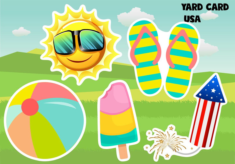 yard card rental wholesale, letters,  yard card supply, yard card wholesale, yard card, yard signs, birthday yard signs, lawn letters, lawn greetings, birthday lawn signs, sun, flip flops, july 4th, ice cream, beach ball