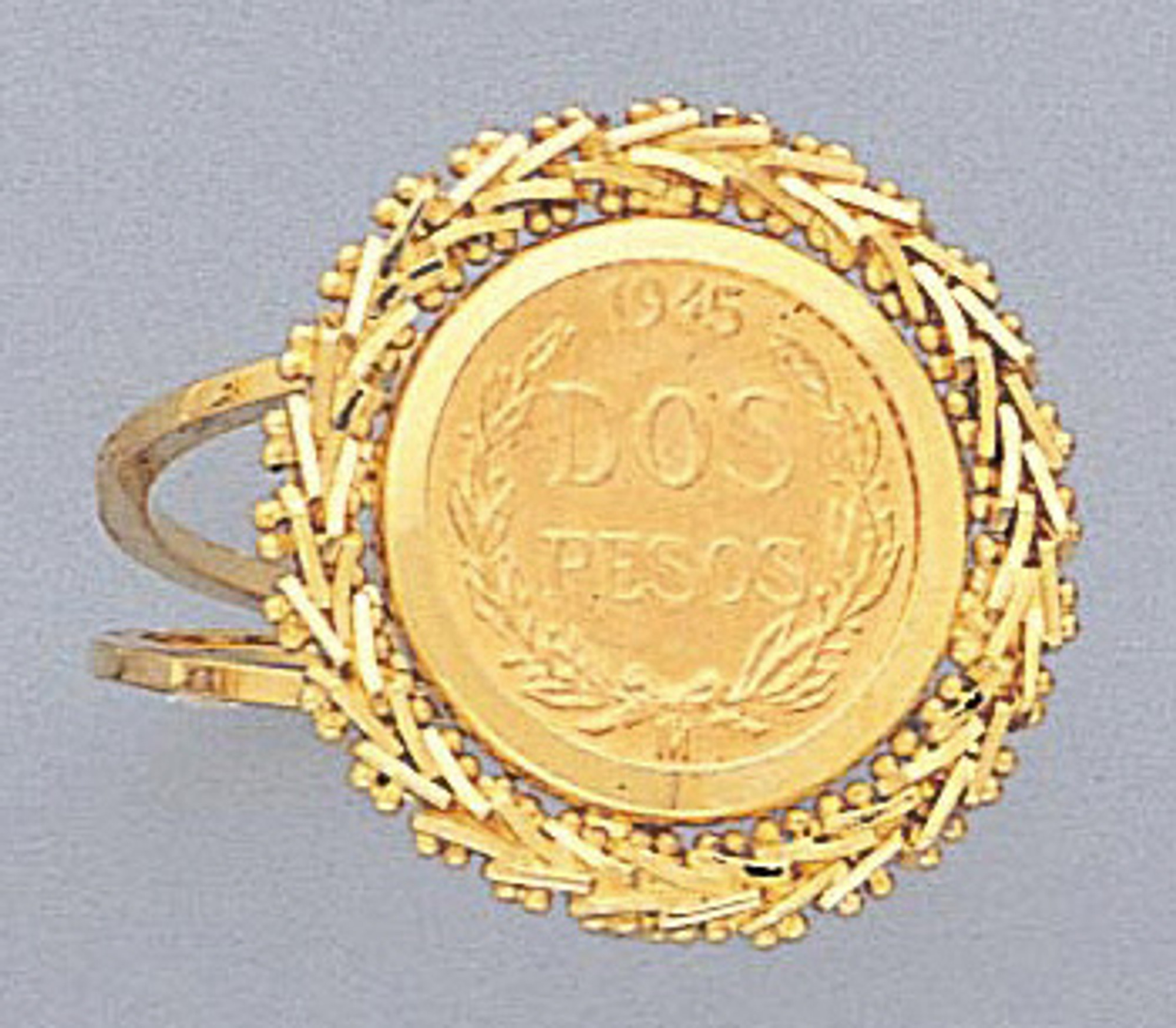 14k Gold Bola Coin Ring With a 22K 2 Pesos Gold Coin | Sarraf.com