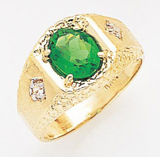 14k Yellow Gold 13mm Wide Men's Oval Synthetic Emerald Center Stone