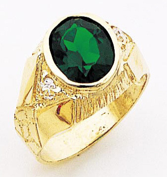 14k Yellow Gold 16mm Wide Men's Oval Synthetic Emerald Center Stone