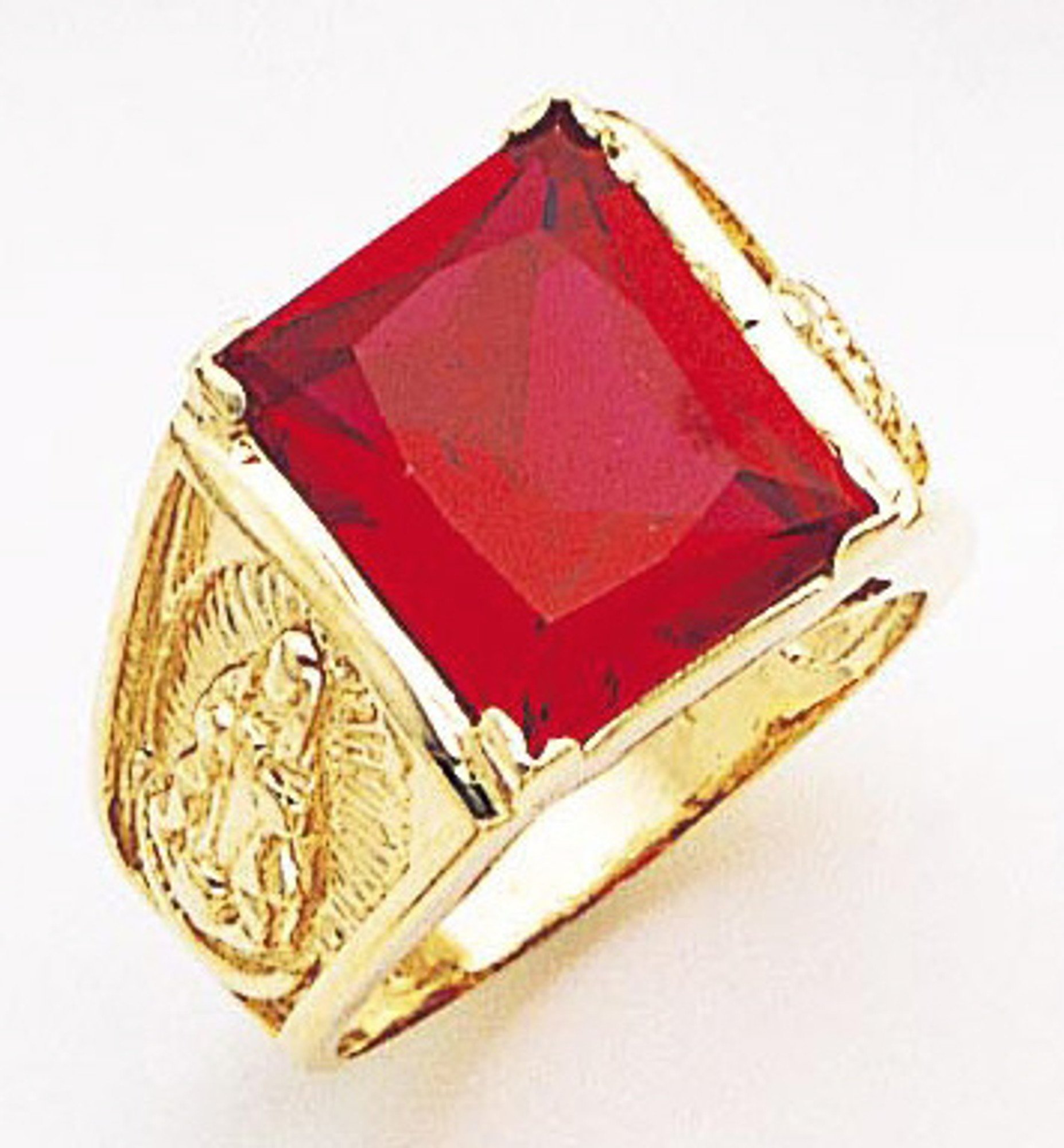 14K Yellow Gold Synthetic Red Stone Ring | Shin Brothers Jewelers Inc.