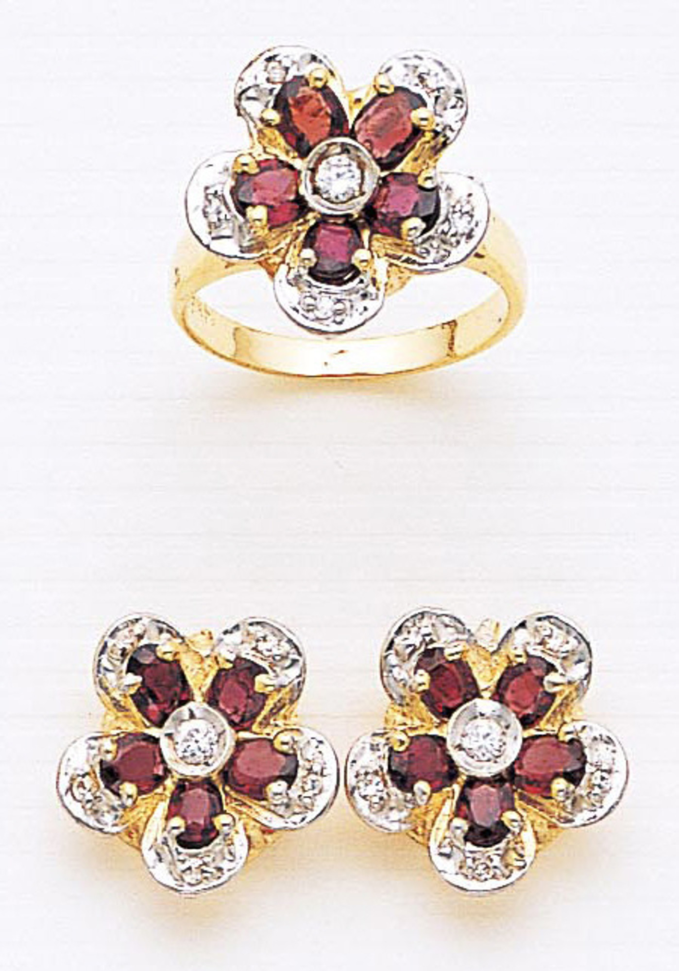 14k Gold 15mm by 15mm Diamond & Genuine Ruby Ring and Earring Set