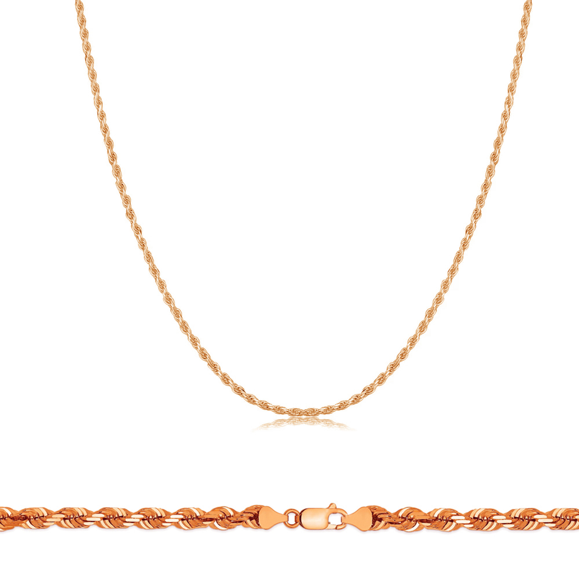 Rope Chain 14K Rose Gold Over Solid 925 Silver MADE IN ITALY Men's Women's  2mm