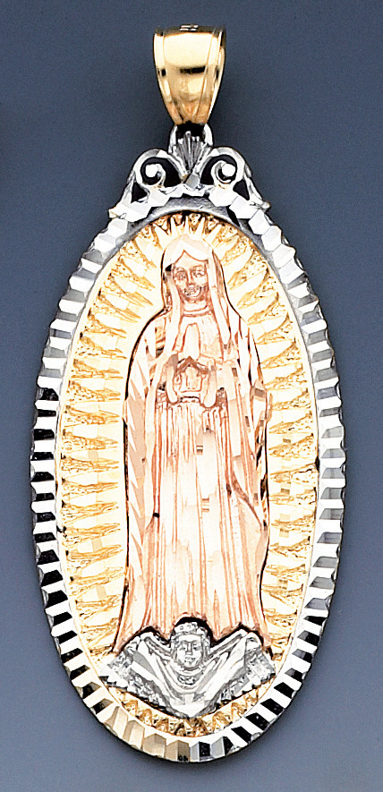 14K Tri Color Gold Filled Virgen de Guadalupe Necklace Charm Religious Jewelry Unisex 22x14mm