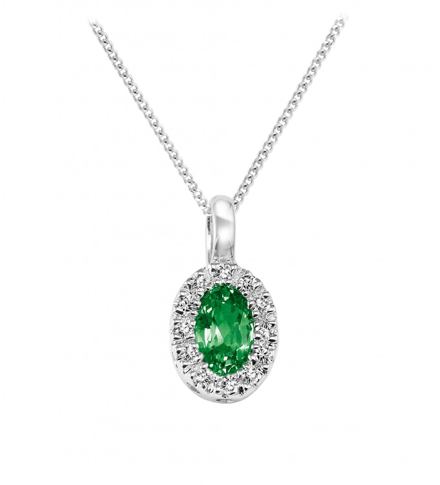 14k White Gold Oval Shaped Emerald Surrounded By Round Diamond Pendant ...