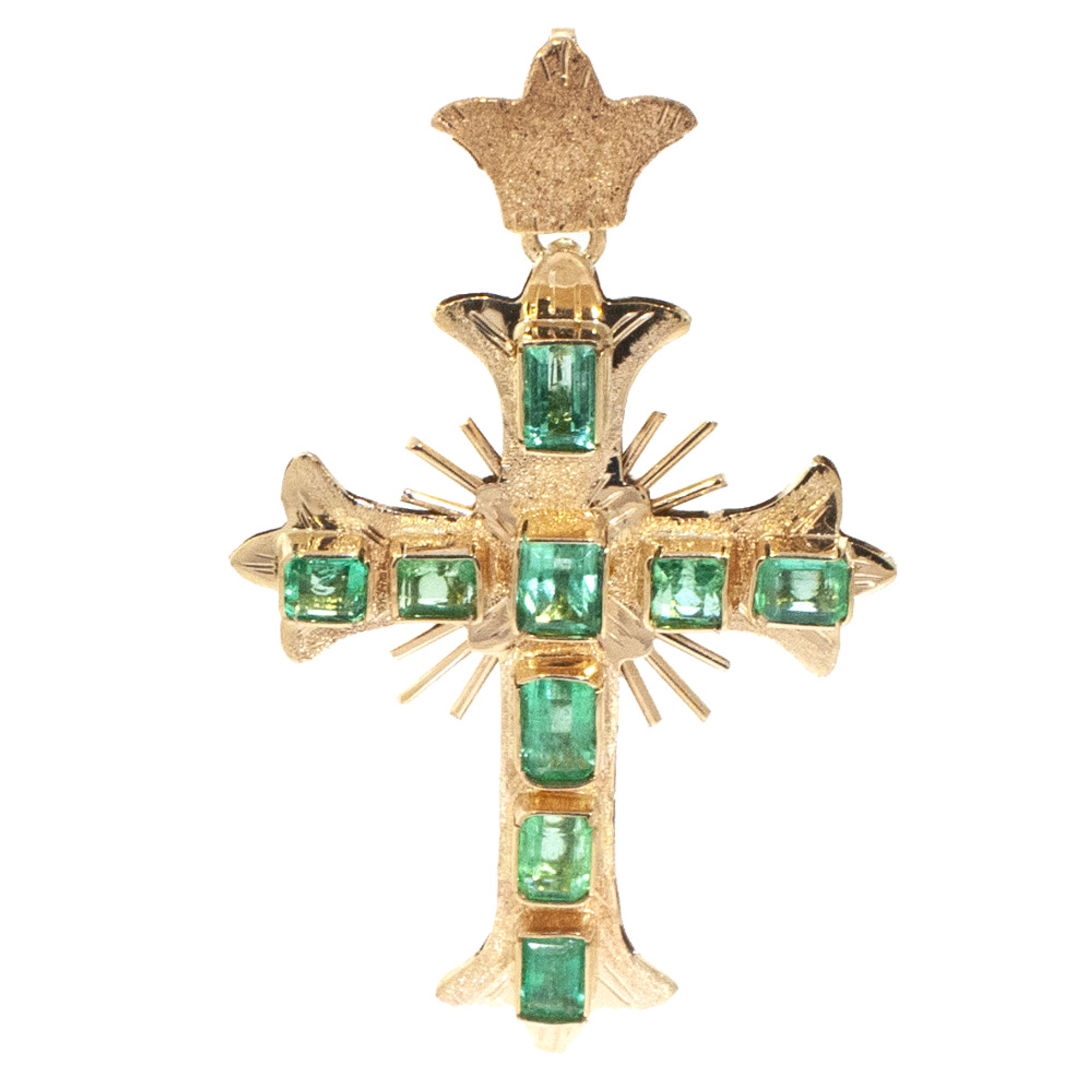 18K Yellow Gold, Emerald & Diamond Cross Pendant for sale at Pamono