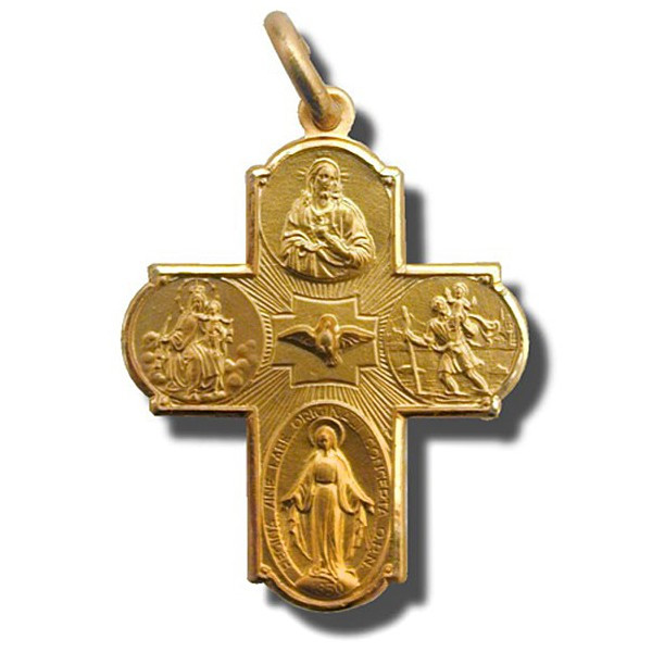 14K Gold Scapular Four-Way Cross Medal 