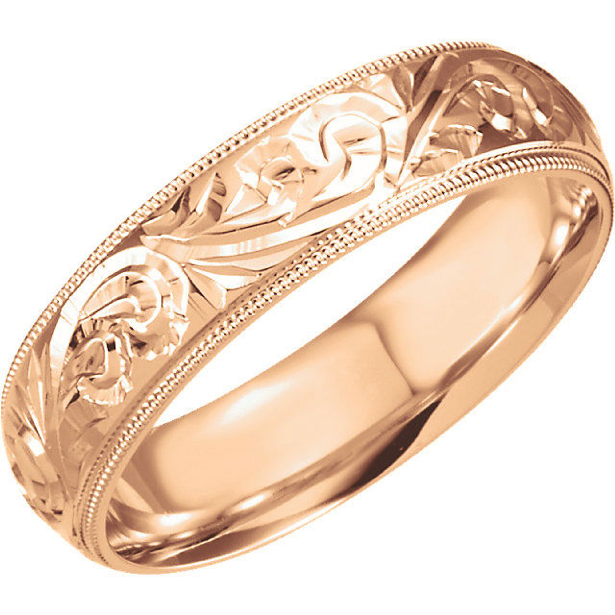 14k Rose Gold 6mm Hand Engraved Comfort Fit Wedding Band