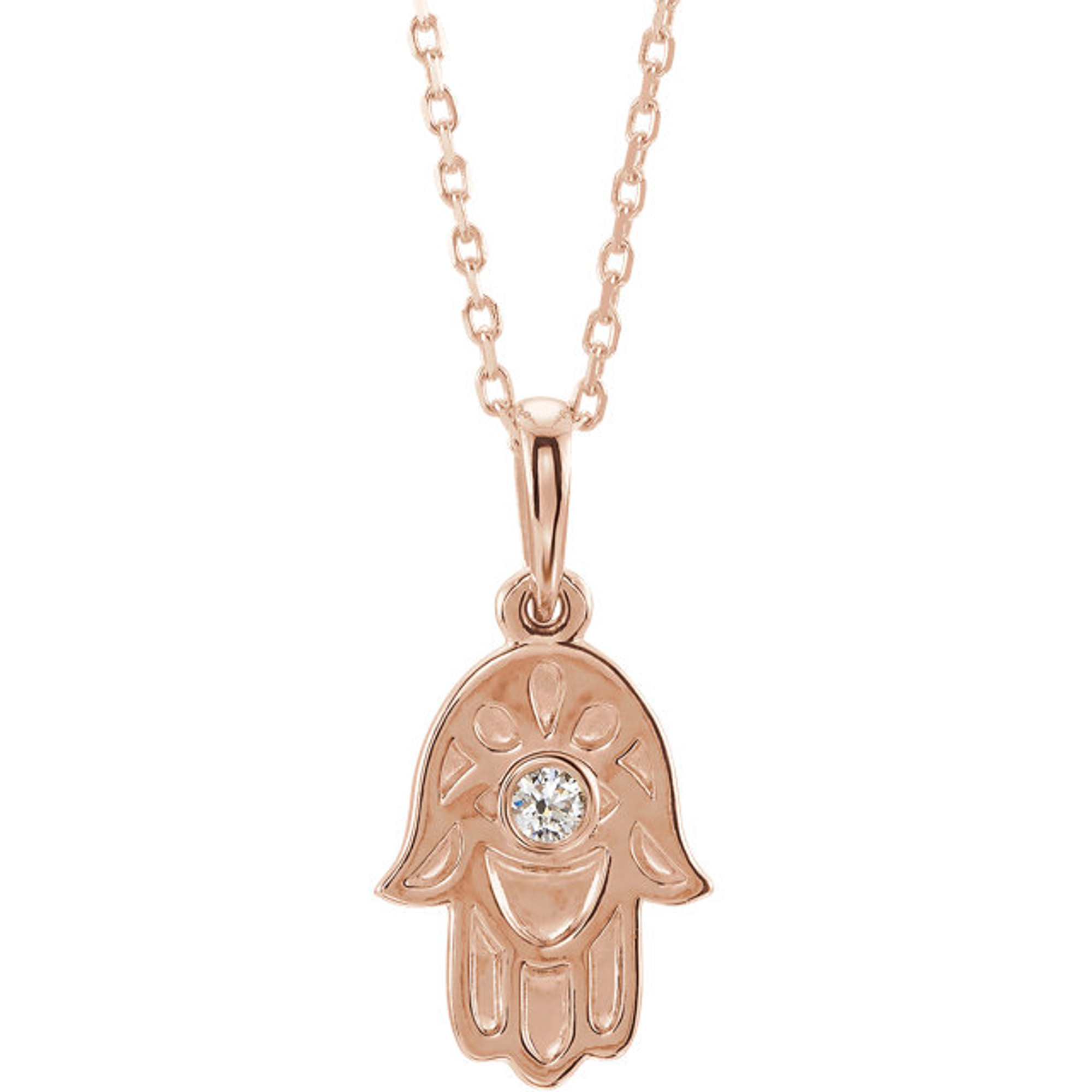 14k Rose Gold 19mm Genuine Diamond Hamsa Necklace .03 ctw