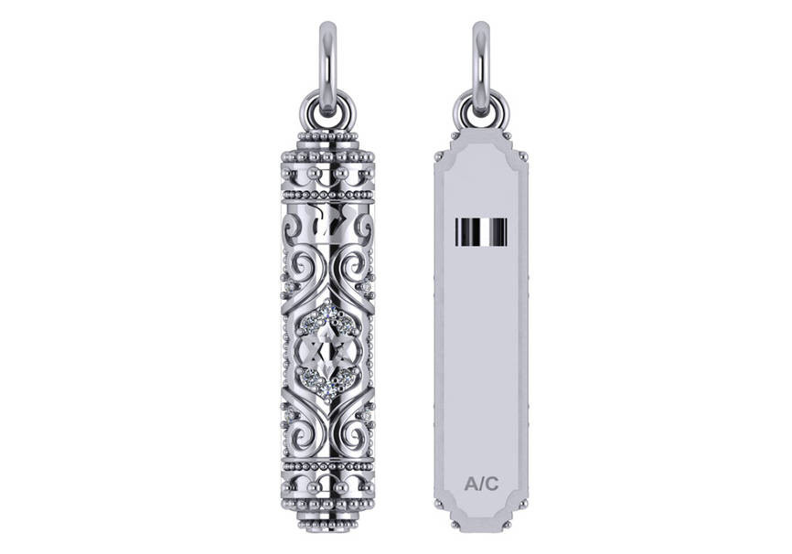 14k White Gold Diamond Mezuzah Pendant With Back Plate 29.0mm x 6.5mm