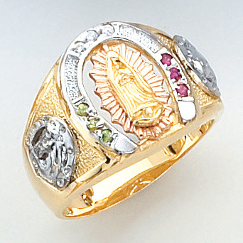 14k Gold Tri Color 15mm Wide Horseshoe Mens Ring With a Virgin Mary