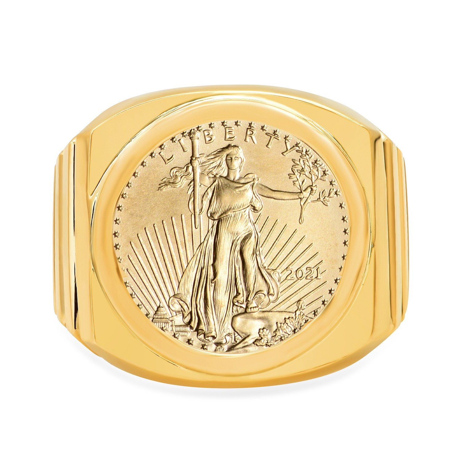 14k Gold Mens 19.3mm Coin Ring With A 22k 1/10 Oz American Eagle Coin ...