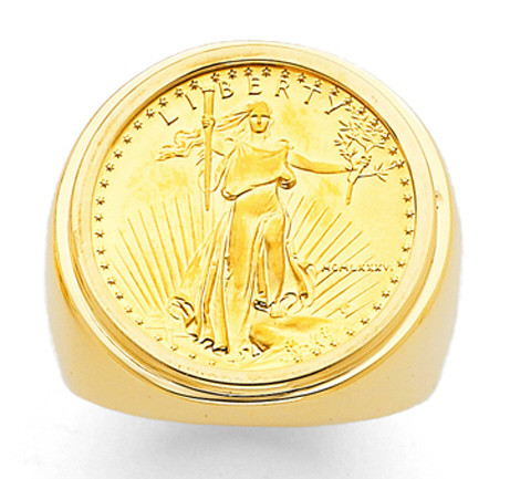 14k Gold Mens Coin Ring With A 22k 1/4 Oz American Eagle Closed Back