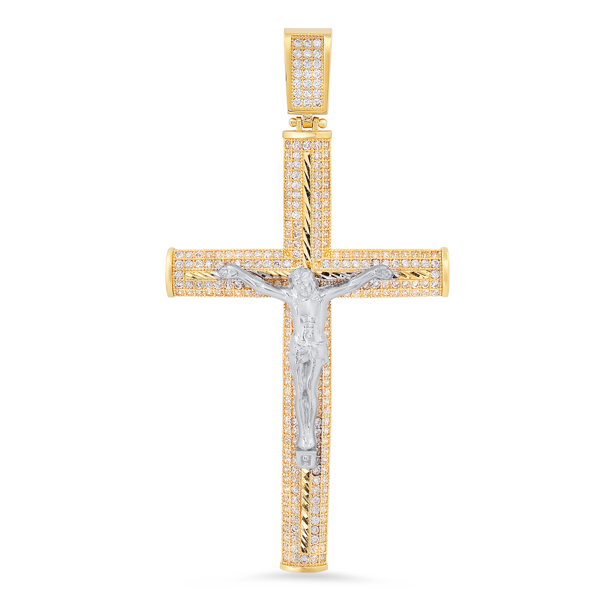 14k Yellow Gold and White Gold Cz Cross Pendant with Christ 39mm wide by  75mm High