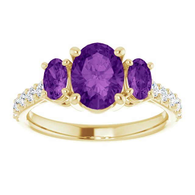 14K Yellow gold Three Amethyst Ring And 0.20 Ct Diamonds