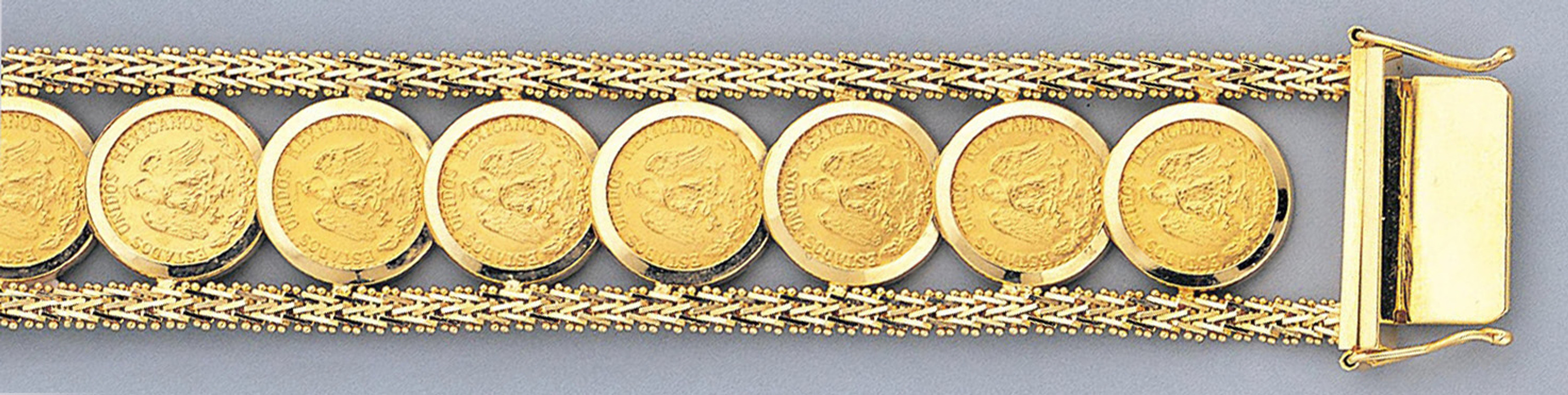 14k Gold 20mm Bola Mexican Dos Pesos Coin Bracelet 8" 14k Gold 20mm Bola Mexican Dos Pesos Coin Bracelet 8"