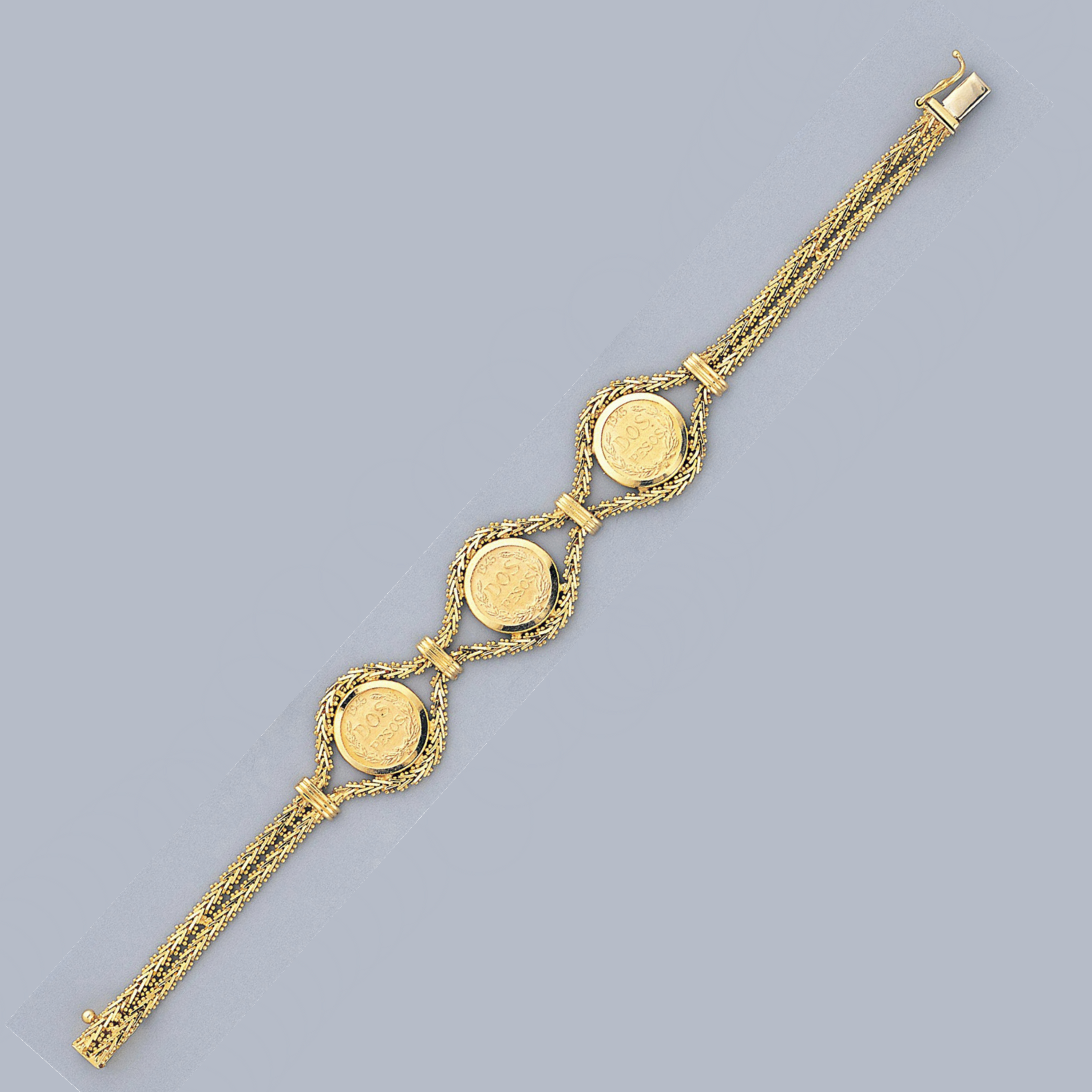 14k Gold 18mm-5mm Bola Mexican 2 Pesos Coin Bracelet 7.0" 14k Gold 18mm-5mm Bola Mexican 2 Pesos Coin Bracelet 7.0"