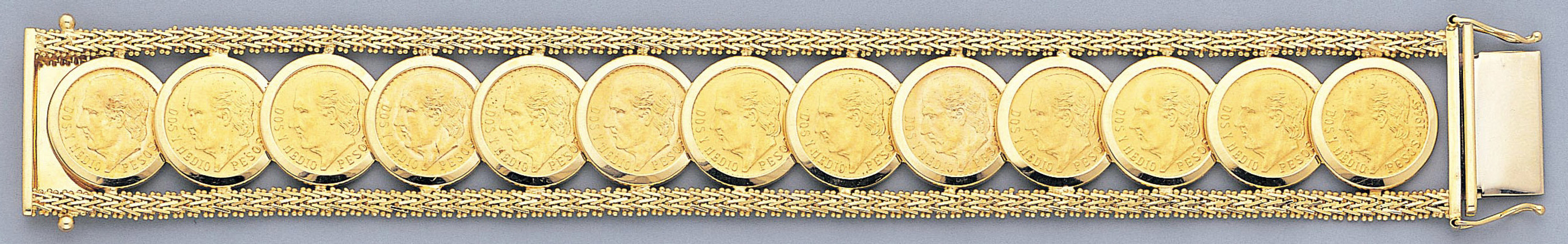 14k Gold Bola Mexican Dos Y Medio Pesos Five Coin Bracelet 8 Inches 14k Gold Bola Mexican Dos Y Medio Pesos Five Coin Bracelet 8 Inches